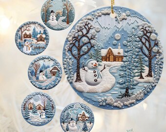 3D Snowman Ornament, Needlepoint Snowman 3D Effect Ornaments, 6 Styles Yarn Look Christmas Tree Decorations, Gender Neutral Gift