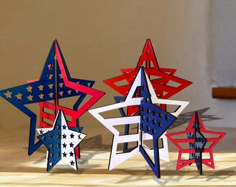 3D Standing Patriotic Stars Farmhouse Home Decoration, DIY Independance Day Shelf Stitters, USA Table Centerpiece, Rustic Natural Wood DIY