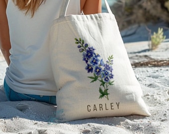 July Birth Month Flower Tote, Larkspur Custom Birthday gift, Cotton Canvas Personalized Carry All, gift for Mom, Sister, Aunt, Friend