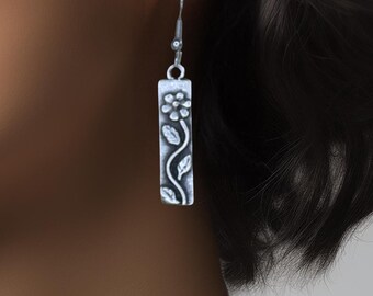 Flower Leaf Bar Drop Earrings, Trendy Fashion Accessory, Antique Copper Silver or Bronze Dangle Jewelry, Floral Engraved Gift for her