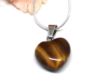 Tiger Eye Heart Pendant Necklace Silver Snake Chain Golden Brown Gemstone Luck Focus Healing Stone Anxiety Depression, Birthday Gift for Her
