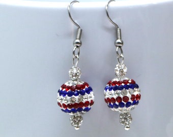 Patriotic Red White Blue Disco Ball Drop Earrings,  Party Accessory for Memorial Day, Flag Day, Independance Day, Hypoallergenic Ear Wires,