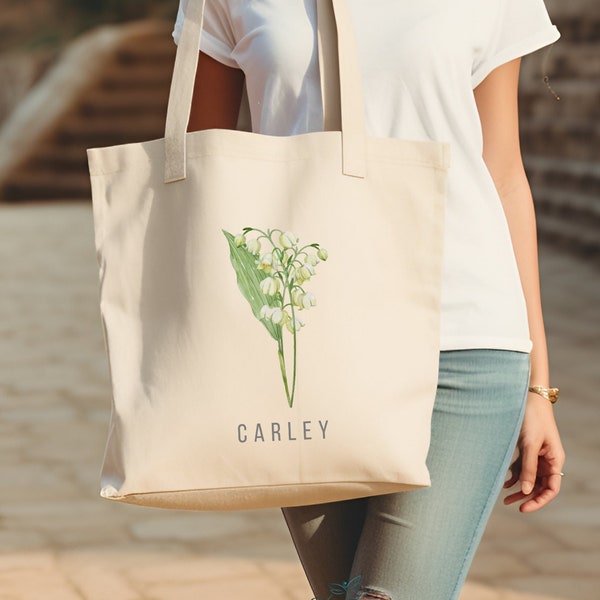 May Birth Month Flower Tote, Lily of the Valley Custom Birthday gift, Cotton Canvas Personalized Carry All, gift for Mom, Sister, Friend