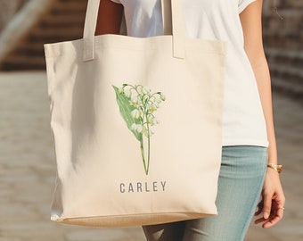 May Birth Month Flower Tote, Lily of the Valley Custom Birthday gift, Cotton Canvas Personalized Carry All, gift for Mom, Sister, Friend