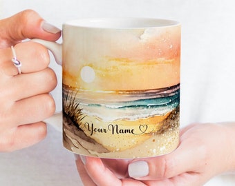 Personalized Sunset Beach Mug, Ceramic Coffee Cup, Work Station, Home Decor Office Desk Set, Vibrant Multi Colored Drinkware for Coffee, Tea