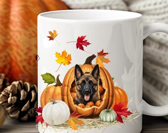 Dog in Pumpkin Mug, Fall Themed Cup Featuring GSD, Laborador, Yorkie, Cavalier, Corgi, Golden, Personalized Autumn Thanksgiving Drinkware
