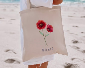 August Birth Month Flower Tote, Poppy Custom Birthday gift, Cotton Canvas Personalized Carry All, gift for Mom, Sister, Aunt, Friend