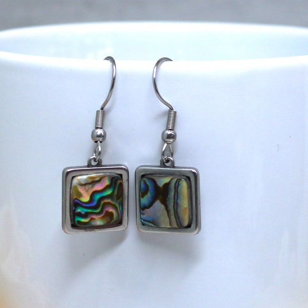 Abalone Paua Shell Square Dangle Earrings, Minimalist Steel Mermaid Earrings,  Ocean Jewelry, Gift for Her