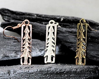 Mountain Pine Tree Earrings, Layered Antique Silver Copper or Bronze Nature Inspired Jewelry Gift for Her