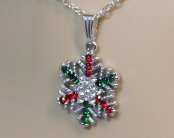 Silver Snowflake Winter Holiday Dangle Pendant Necklace with White Green and Red Crystals, Festive and Fun Christmas Jewelry, gift for Her