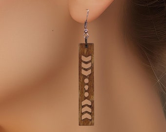 Bar Cutout Natural Wood Dangle Earrings, Fall accessory. Geometric Themed Autumn Earrings,  Gift for Her