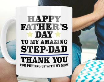 Personalized Step Dad Fathers Day Thank You Mug, Custom Mom Pun Drinkware for Coffee, Tea, Gift for Step Father