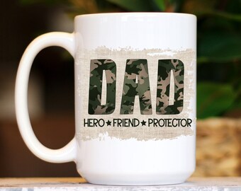 Personalized Dad Camoflage Print Mug, Ceramic with Camoi Dad on a Burlap background Hero Friend Protector Drinkware for Coffee, Tea