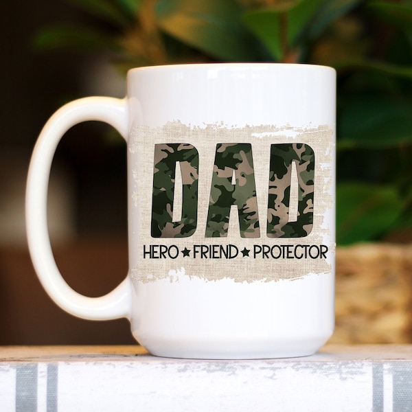 Personalized Dad Camoflage Print Mug, Ceramic with Camoi Dad on a Burlap background Hero Friend Protector Drinkware for Coffee, Tea