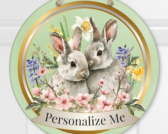 Personalized Easter Bunnies with Flowers Vintage look Metal Sign, Cute Custom Spring Rabbit Wreath Center, Door Hanger Garden Indoor Outdoor