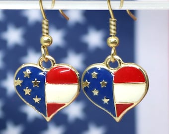 Patriotic Gold Enamel American Flag Hearts with Hypoallergenic Ear Wires, Red White and Blue for Memorial Day, Flag Day, Independance Day