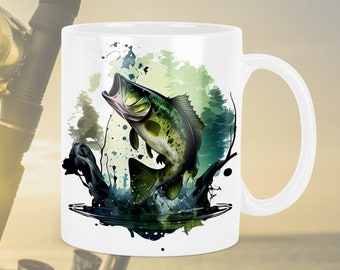 Tasse personnalisée en céramique pour la pêche à l'achigan avec choix de 6 graphiques pour l'achigan et message personnalisé, verres pour pêcheur, café, thé