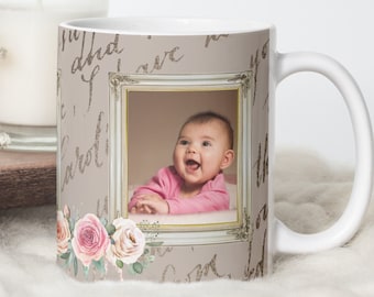 Custom Photo Mug, Unique Personalized Keepsake Mother's Day, Birthday, Anniversary Gift, Bronze Gold with Pink Roses and Mom Poem