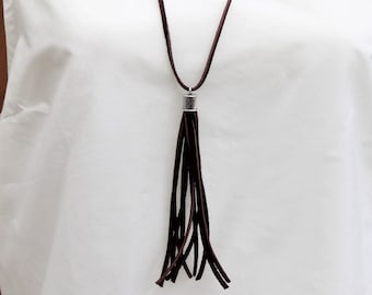 Long Leather Beaded Tassel Pendant Necklace, Natural Bohemian Tassel, Black and Silver Boho Fashion Accessory, Genuine Leather Gift for Her