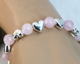 Rose Quartz Puffed Silver Heart Stretch Bracelet Healing Stone Bracelet