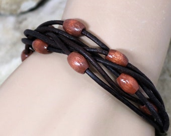 Rich brown leather and wooden beads bracelet