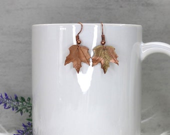 Antique Copper and Gold Maple Leaf Earrings, Realistic Handpainted Lightweight  Earrings, Every day Fall  Accessory