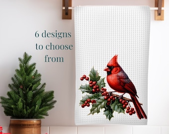 Cardinal with Poinsetta Holly Berry and Pine Home Kitchen Decor Waffel Weave Towel, 6 Designs Towel and Dish Cloth Set, Holiday Gift