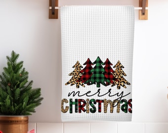 Plaid Pines with Merry Christmas Kitchen Towels, Holiday Home Kitchen Decor Waffel Weave Towel, Towel and Dish Cloth Set, Holiday Gift