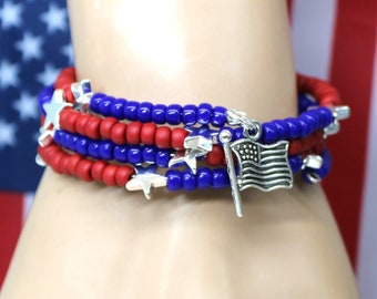 Patriotic USA Flag Memory Wire Bracelet,  4 Layer Coil Star Beads, Independance Day, Flag Day, Veterans Day, Memorial Day Jewelry Accessory