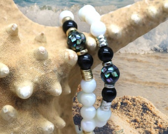 Abalone, Mother of Pearl,  and Onyx Stretch Bracelet, Healing Stone Bracelet, Seashell Bracelet, Natural Ocean Jewelry, Gift for Her