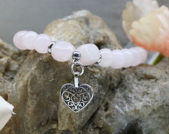 Rose Quartz Beaded Sweetheart Bracelet with Silver Filligree Heart Charm, Stone of Love and Romance, Healing Stone Bracelet, Valentine Gift