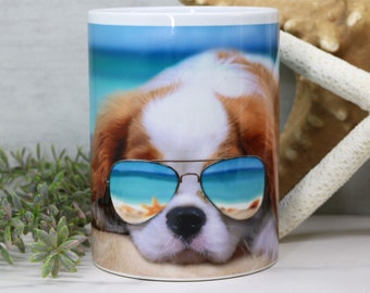 Cavalier Beach  Ceramic Mug, Blenheim CKCS with Mirror Sunglasses, Summer Surf Dog Cup, Dishwasher and Microwave Safe