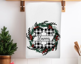 Christmas Monogram Personalized Buffalo Plaid Kitchen Towel, Red or White Plaid Dish Towel/Cloth Set, Holiday Home Decor Gift