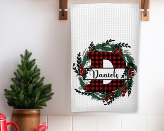 Christmas Monogram Personalized Buffalo Plaid Kitchen Towel, Red or White Plaid Dish Towel/Cloth Set, Holiday Home Decor Gift