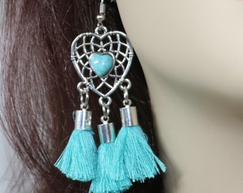 Mini Tassel Earrings, Turquoise Mini Tassels, Turquoise and Silver Earring, Silver Heart,Cute Earrings, Modern Tassel Earrings, Gift for Her