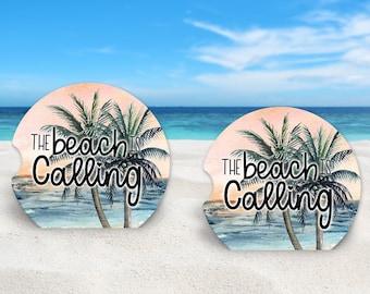 The Beach is Calling Car Coaster, Palm Trees and Sand Summer Ocean Fun Neoprene Rubber Drink Cushion Vehicle Travel, Truck, Motor Home, Boat