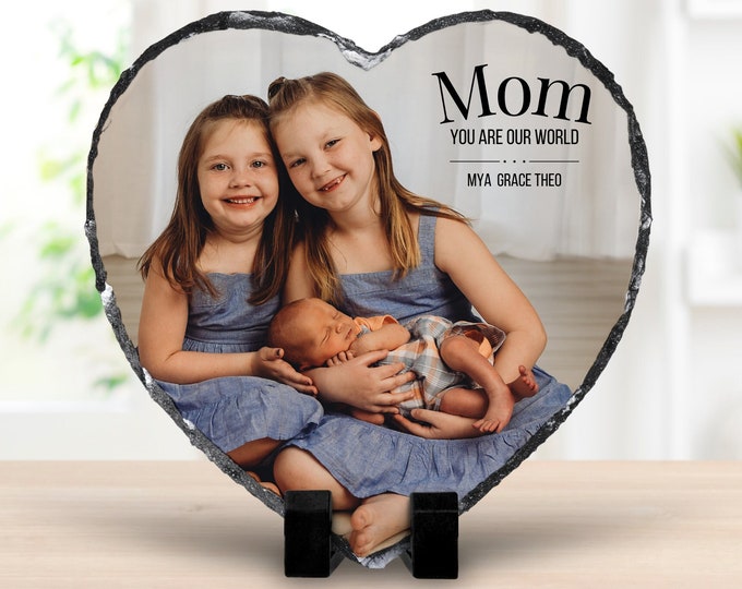 Featured listing image: Mom You Are Our World Heart Shaped Slate Stone Custom Photo Frame Gift, Personalized Keepsake in Natural Rock for Mothers Day, Birthday Gift