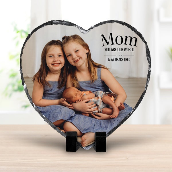 Mom You Are Our World Heart Shaped Slate Stone Custom Photo Frame Gift, Personalized Keepsake in Natural Rock for Mothers Day, Birthday Gift