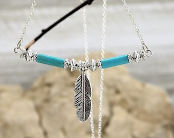 Silver Feather Necklace, Turquoise Bead Boho Chic Pendant, Long Silver Statement Accessory, Bohemian Tribal Gift for her, December Birthday