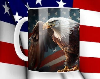 Patriotic American Eagle and Flag Coffee Mug, Personalized  Ceramic 4th of July, Flag Day, Memorial, Veterans, Independence Day Cup