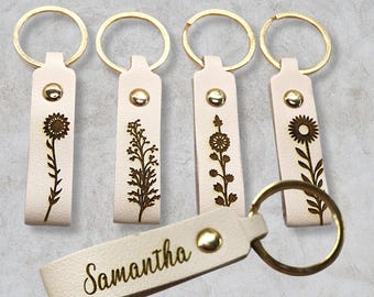 Wildflower Personalized Keychain, Flower Leatherette Key Holder, Custom Key Fob Loop PU Leather Engraved Gift for Friends, Coworkers, Mom