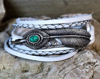 Unique Layered Leather Silver Feather Turquoise  Bracelet with Hook Clasp Closure,  Multiple Strand Rustic  Feather Jewelry,  Gift for Her