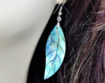 Abalone Paua Shell Long Embossed Leaf Dangle Earrings, Elongated Tropical Flora Themed Mermaid Earrings,  Ocean Jewelry, Gift for Her