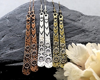 Long Bar Earrings Antique Silver, Copper or Bronze, Ethnic Slender Geometric Engraved Design, Tribal Arrows and Circle Jewelry, Gift for Her