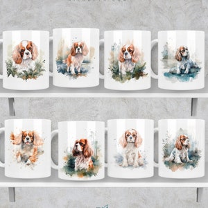 May include: Set of eight white ceramic mugs with watercolor illustrations of Cavalier King Charles Spaniels in various poses. Each mug features a different design with a watercolor background.