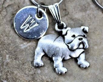 Silver Personalized Bull Dog Necklace, Dog lover Necklace with Initial, Gift for Her, Gift for Him