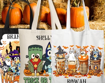 Halloween Trick or Treat Bluey Bag, Kids Personalized Spooky Eco Friendly Reusable Canvas Tote  Candy Bag, Strong Seasonal Reinforced