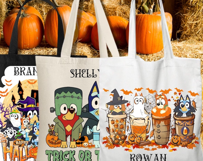 Featured listing image: Halloween Trick or Treat Bluey Bag, Kids Personalized Spooky Eco Friendly Reusable Canvas Tote  Candy Bag, Strong Seasonal Reinforced