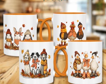 Fall Mugs Featuring Bunnys, Chickens, Dogs and Geese Trios in Fall Colors