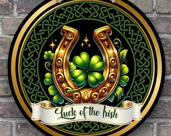 St Patrick Day Metal Sign, Celtic Horseshoe Luck of the Irish Wreath Center, Shamrock Door Hanger Decor, Celtic Green Clover Indoor Outdoor